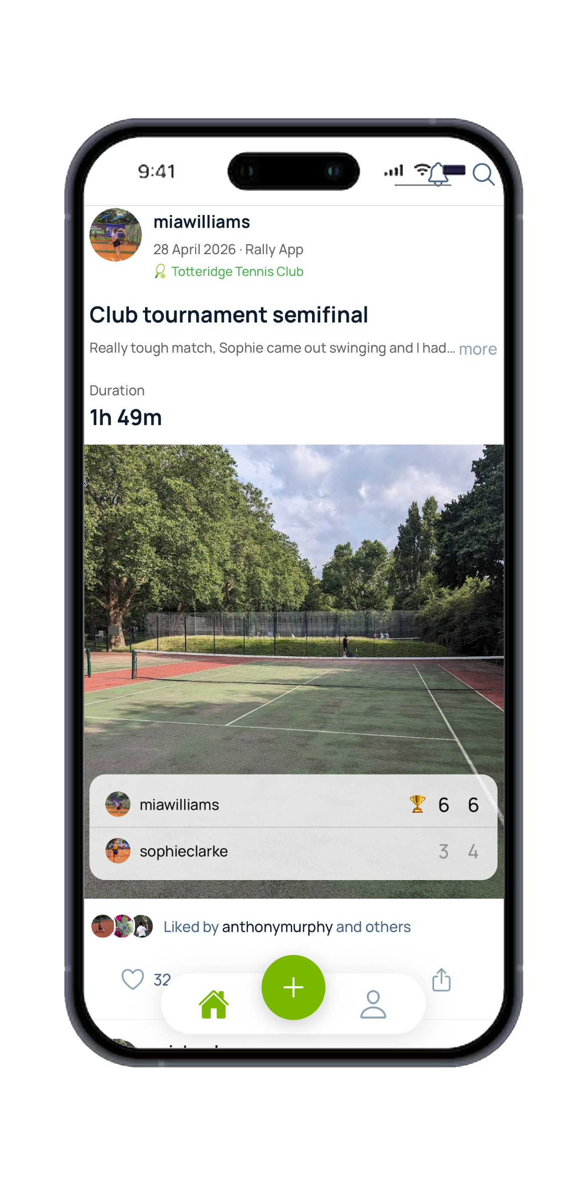 Rally feed showing a match post with a court photo, set scores, likes and comments