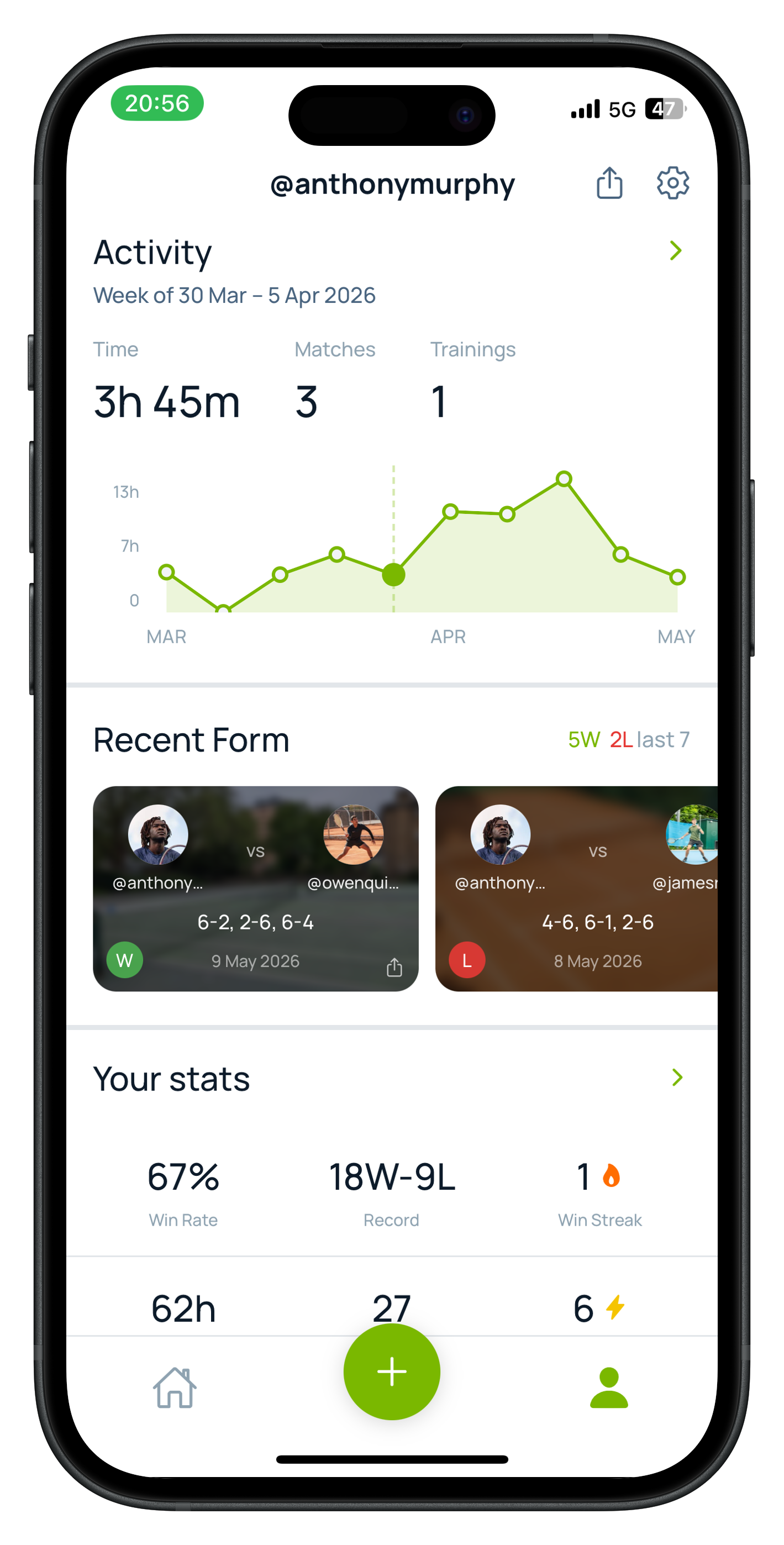 Rally match log showing set scores and match details
