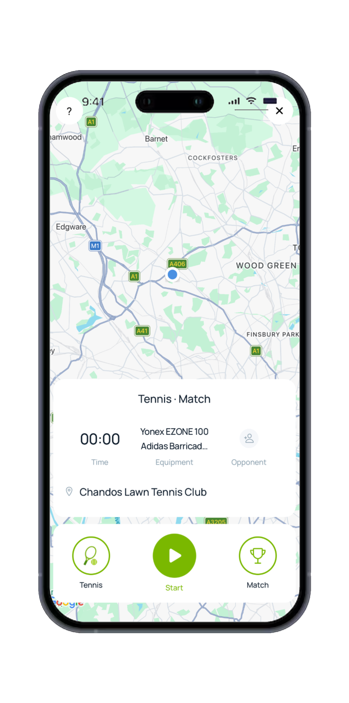 Go On Court live match screen showing a map, running timer, equipment, opponent and a Start button